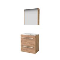 Basic-Line Comfort 39 Badkamermeubelset - Ondiep - 60 x 39 cm - Met Grepen - 2 Lades - Keramische Wastafel - 1 Kraangat - Spiegelkast - Whisky Oak
