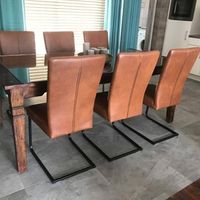 Set van 6 leren eetkamerstoelen - met sledepoot - bruin leer - Echt leer, Industrieel, ontdek de vele Leersoorten en Kleuren bij ShopX