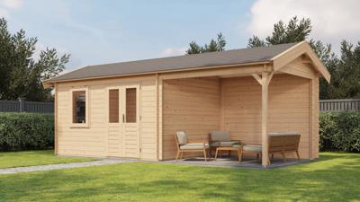 Lugarde Select Blokhut met overkapping Holten 400x300cm + 300cm - Onbehandeld- Zadeldak- - Lugarde Select
