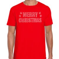 Glitter kerst t-shirt rood Merry Christmas glitter steentjes voor heren - Glitter kerst shirt