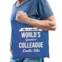 Cadeau tas voor collega - blauw - katoen - 42 x 38 cm - world's greatest colleague - thumbnail