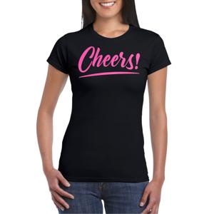 Verkleed T-shirt voor dames - cheers - zwart - roze glitter - carnaval/themafeest