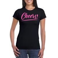 Verkleed T-shirt voor dames - cheers - zwart - roze glitter - carnaval/themafeest - thumbnail