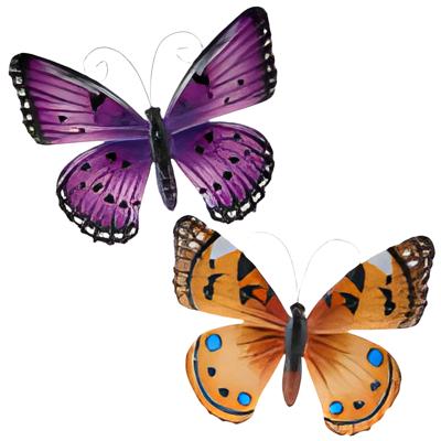 Wanddecoratie vlinders - 2x stuks - paars en oranje - 34 x 28 cm - metaal - muurdecoratie tuin