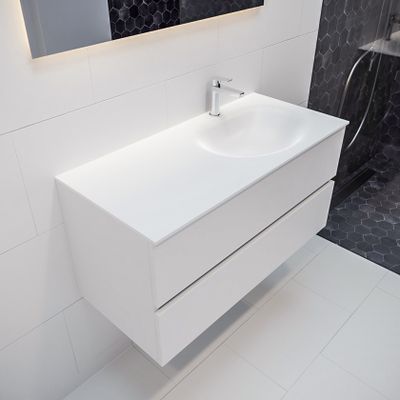 Mondiaz Vica Moon badmeubel wit mat 100 cm 2 lades solid surface enkele spoelbak rechts 1 kraangat