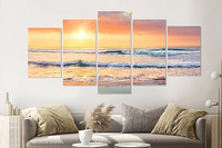 Karo-art Schilderij -Zonsondergang op het strand,   5 luik, 200x100cm, Premium print