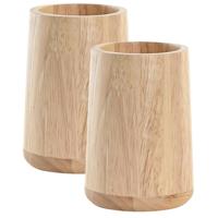 Badkamer tandenborstelhouder / drinkbeker - 2x - hout - beige - 8 x 11 cm