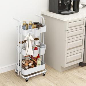 Rollende Trolley met 3 Etages Opvouwbare Opslagtrolley 3 Hangende Kopjes 6 Haken Universele Vergrendelbare Metalen Wielen Wit