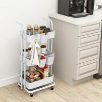 Rollende Trolley met 3 Etages Opvouwbare Opslagtrolley 3 Hangende Kopjes 6 Haken Universele Vergrendelbare Metalen Wielen Wit