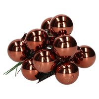 10x Roodbruine mini kerstballen kerststukje stekers 2,5 cm glans