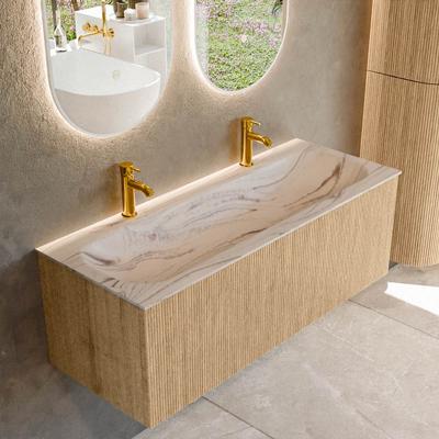 Badmeubel Mondiaz Kurve-Dlux | 120 cm | Meubelkleur Oak | Wastafelkleur Nata | Solid surface | Wasbak midden spoelbak | 2 kraangaten
