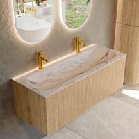Badmeubel Mondiaz Kurve-Dlux | 120 cm | Meubelkleur Oak | Wastafelkleur Nata | Solid surface | Wasbak midden spoelbak | 2 kraangaten