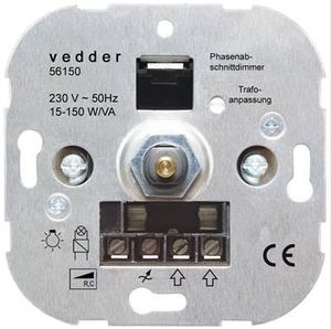 Dimmer met fase-afsnij 15-150W voor LV halogeenlampen, spaarlampen en dimbare LED`s