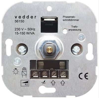 Dimmer met fase-afsnij 15-150W voor LV halogeenlampen, spaarlampen en dimbare LED`s