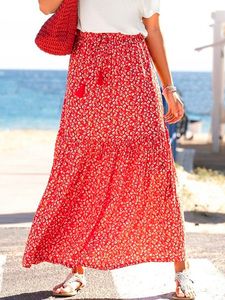 Vacation Loose Split Joint Red Floral Skirt