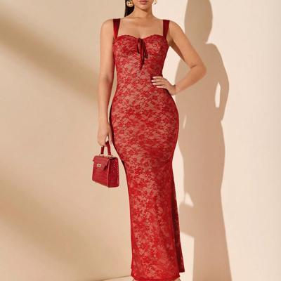 Black Lace Floral Mermaid Maxi Dress - Elegant Slim Fit Cami Red / S