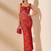 Black Lace Floral Mermaid Maxi Dress - Elegant Slim Fit Cami Red / S