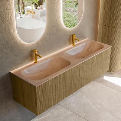 Badmeubel Mondiaz Kurve-Dlux | 150 cm | Meubelkleur Dusk | Wastafelkleur Saba | Solid surface | Wasbak beide zijden spoelbak | 2 kraangaten