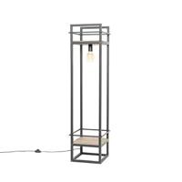 QAZQA Industriële vloerlamp zwart met hout - Cage Rack