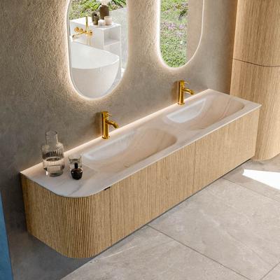Badmeubel Mondiaz Kurve-Dlux | 175 cm | Meubelkleur Oak | Wastafelkleur Meli | Solid surface | Dubbel / Rechts spoelbak | 2 kraangaten