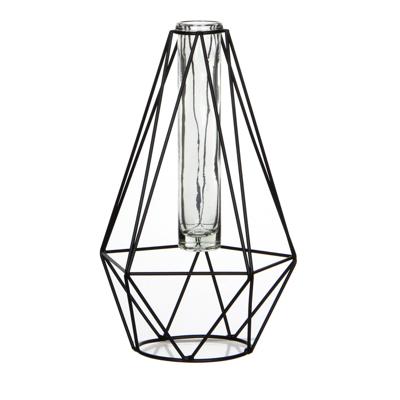 Draad vaasje - diamant vorm - zwart - metaal/glas - 15 x 14 x 24 cm - bloemenvaasje