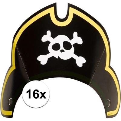 Feesthoedjes Piraten - 16x stuks - kinderfeestje - kapitein - themafeest - piratenhoed