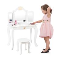 Kaptafel en Kruk voor Kinderen met Inklapbare Spiegel en Lade Houten Make Up Tafel met 3 Accessoires & Schattige Kroonpatronen Wit Kaptafel en Kruk voor Kinderen met Inklapbare Spiegel en Lade Houten Make Up Tafel met 3 Accessoires & Schattige Kroonpatronen Wit