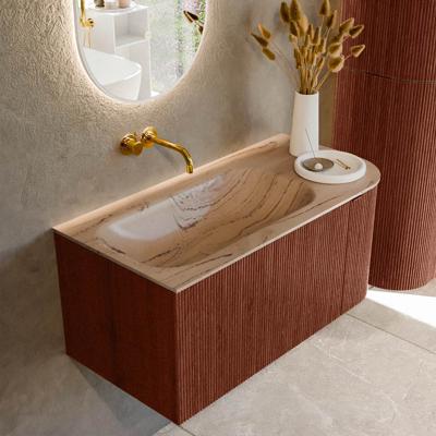 Badmeubel Mondiaz Kurve-Dlux | 95 cm | Meubelkleur Ruby | Wastafelkleur Arena | Solid surface | Wasbak linker zijde spoelbak | Zonder kraangat(en)
