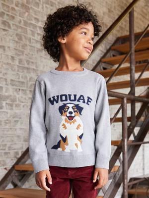 Trui met ronde hals en hond gemêleerd grijs