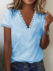 Lace Regular Fit V Neck Casual Short Sleeve T-Shirt