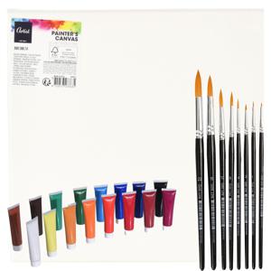 Complete hobby schilderijen maken verf set - 2x canvas schildersdoeken 30 x 30 cm - penselen - verf