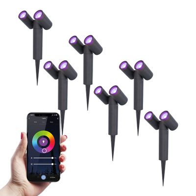HOFTRONIC™ 6x Pinero double smart dimbare LED prikspot - RGBWW - WiFi & Bluetooth - GU10 - 5.5 Watt - Google assistant & Amazon Alexa - Kantelbaar - Tuinspot - Voor buiten en binnen - Zwart - 3 jaar garantie