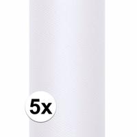 Hobby/decoratie witte tule stof - 5x rollen - op rol - 15 cm x 9 meter - Gaatjesstof