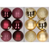 12x stuks kunststof kerstballen mix van aubergine en goud 8 cm - Kerstbal - thumbnail