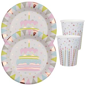 Feest wegwerp servies set - verjaardagstaart - 10x bordjes / 10x bekers - wit/rose goud