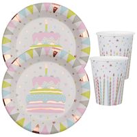 Feest wegwerp servies set - verjaardagstaart - 10x bordjes / 10x bekers - wit/rose goud