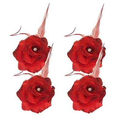 Spaanse of Hawaii thema haarbloem - 4x - rood - met speld/elastiek - verkleden - kunststof
