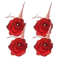 Spaanse of Hawaii thema haarbloem - 4x - rood - met speld/elastiek - verkleden - kunststof