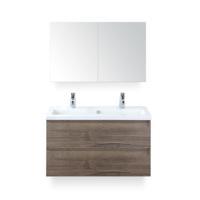 Vogue Badmeubelset 100 cm - Greeplijst in kleur - Tabacco - Keramische Wastafel Wit 2 kraangaten - met Spiegelkast