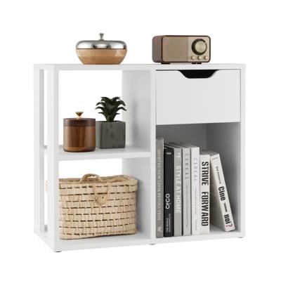 Houten Opbergmeubel met 2 Niveaus Boekenkast met 3 Vakken en Lde Legplanken met Uittrekbare Lade Vrijstaand Wit Opbergmeubel