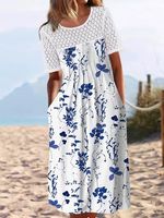 Casual Floral Printed Patchwork Lace Crew Neck Dress - thumbnail
