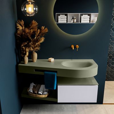 MONDIAZ RIVA 120cm badmeubel onderkast / planchet kleur Cale met 1 lade. Wastafel DULCET rechts 0 kraangaten kleur Army.