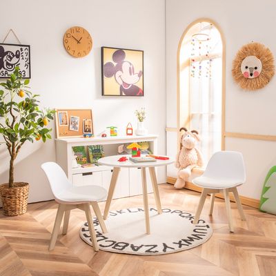 3-Delige Tafel en Stoelenset voor Kinderen Ronde Tafel en 2 Gevoerde Stoelen Speeltafel voor Peuters met Beukenhouten Poten