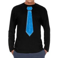 Verkleed shirt voor heren - stropdas glitter blauw - zwart - carnaval - foute party - longsleeve