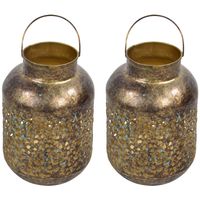 2x stuks metalen lantaarns/windlichten goud grof 15 x 23 cm