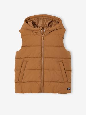 Donsjack voor jongens zonder mouwen met capuchon pecannoot
