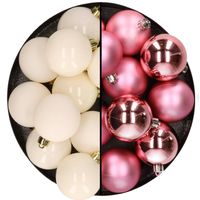 Kunststof kerstballen 6 cm - 24x stuks - wol wit en roze - glans/mat - Kerstbal - thumbnail