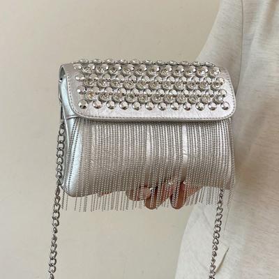 Bon&Bon Y2K Gothic Punk Square Bag - Studded Fringe PU Leather Mini Bright silver / one-size