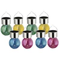 Solar sfeer hanglamp - 12x stuks - geel / groen / roze / blauw - 9 cm - glas - aan haak