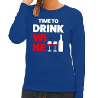 Time to drink Wine tekst sweater blauw voor dames - thumbnail